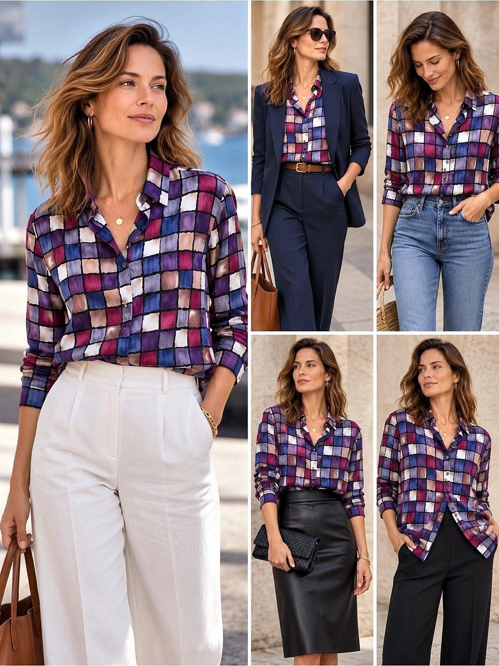 Alfred Dunner Geometric Button Down in Purple & Blue Size Large